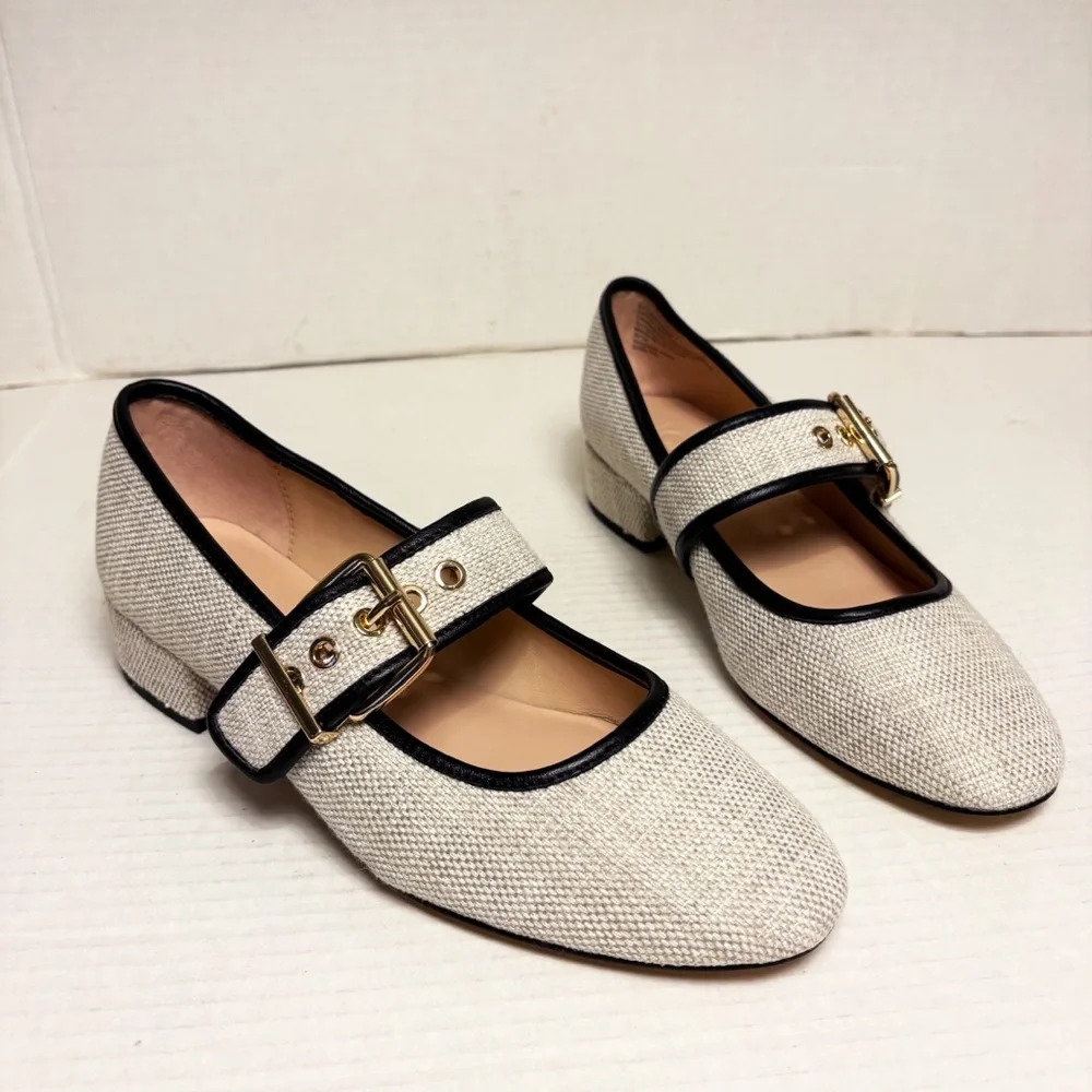NWOB J. Crew Teagan Mary Jane Heels in Spanish Canvas Cream & Black - Picture 3 of 10